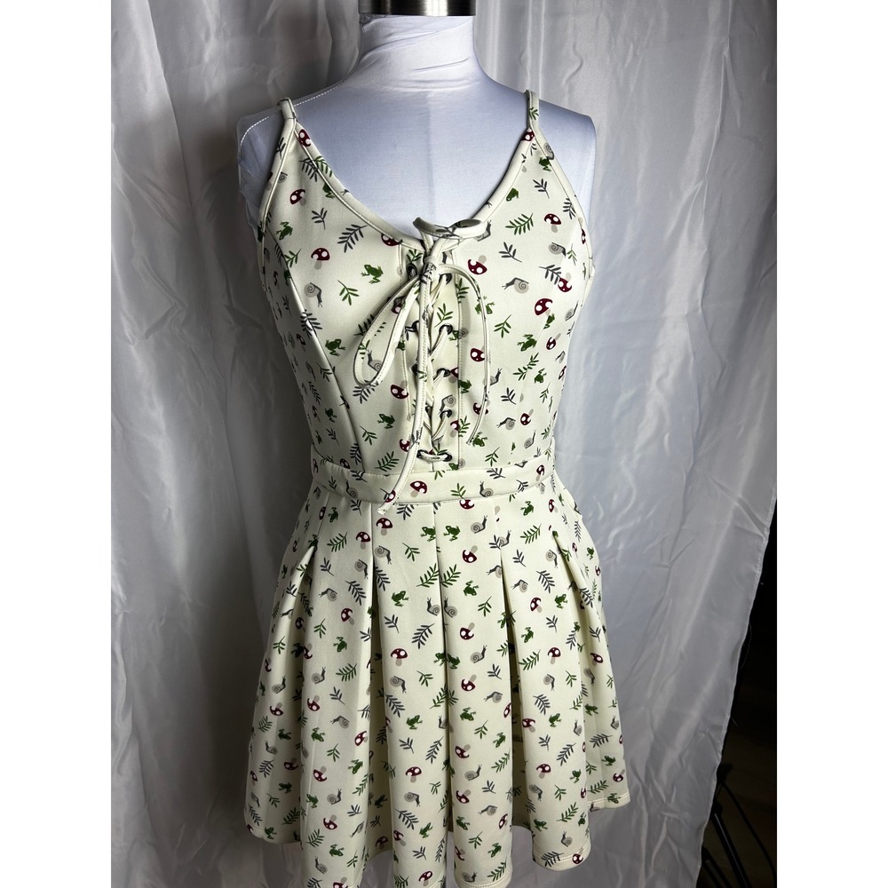 Hot Topic Frog Snail Mushroom Print Lace Up Mini Dress Ivory Green MD